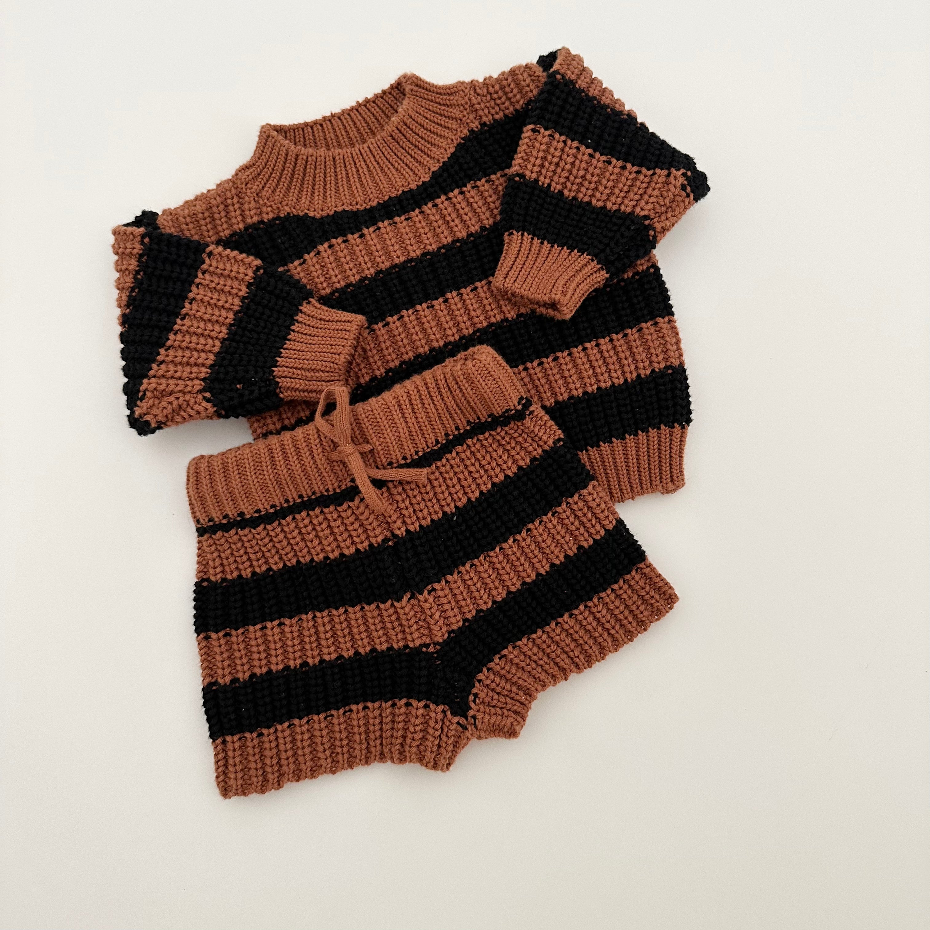 Billie Knit Set in Black and Burnt Orange Stripes Winnie + Crew