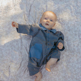 Scottie Romper in Thin Stone Blue Mustard Stripe