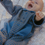 Scottie Romper in Thin Stone Blue Mustard Stripe