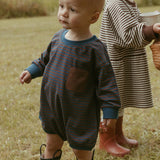 Harley Pocket Romper in Deep Blue Chocolate Stripe