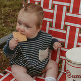 Harley Pocket Romper in Thin Deep Blue Stripe