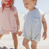 Benny Sleeveless Romper in Blue with White Stripes