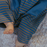 Scottie Romper in Thin Stone Blue Mustard Stripe