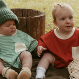 Cory Pocket Romper in Thin Mineral Green Stripe