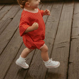 Cory Pocket Romper in Thin Aurora Red Stripe