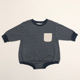 Harley Pocket Romper in Thin Deep Blue Stripe