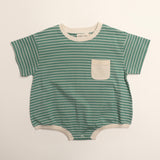 Cory Pocket Romper in Thin Mineral Green Stripe