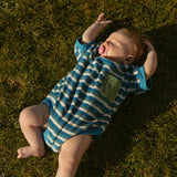Callie Romper in Thin Blue Green Stripe