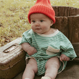 Cory Pocket Romper in Thin Mineral Green Stripe