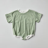 Cory Pocket Romper in Green Stripes