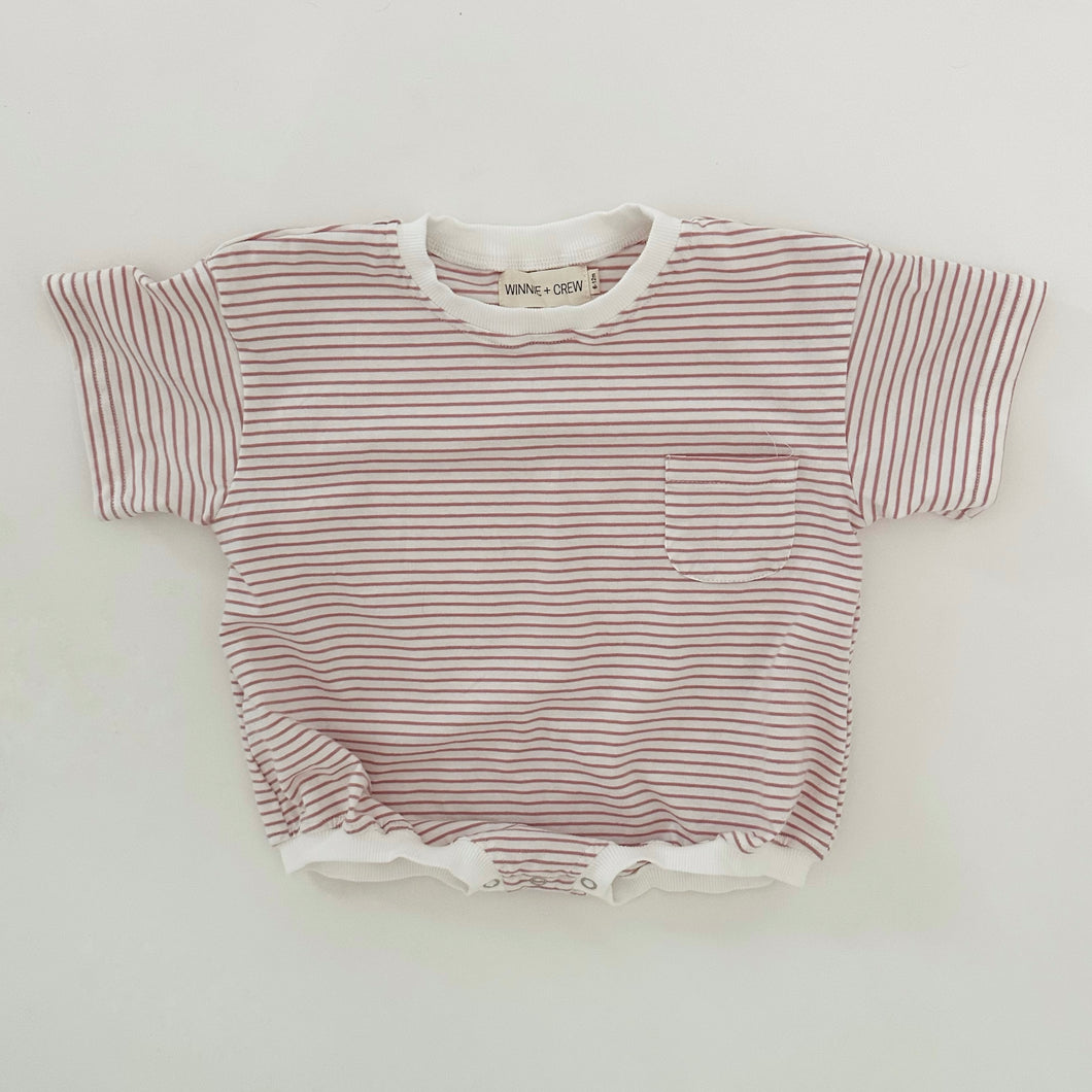 Cory Pocket Romper in Thin Pink Stripes