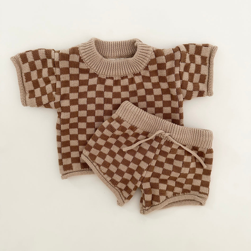 Checkered Knit Set in Brown