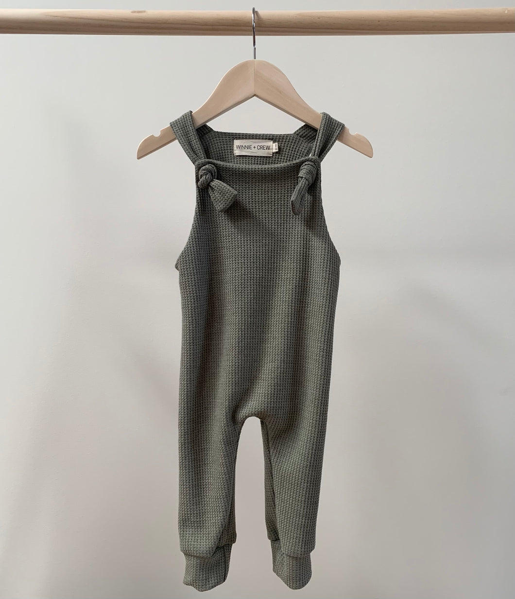 Waffle Knit Overalls in Olive Green